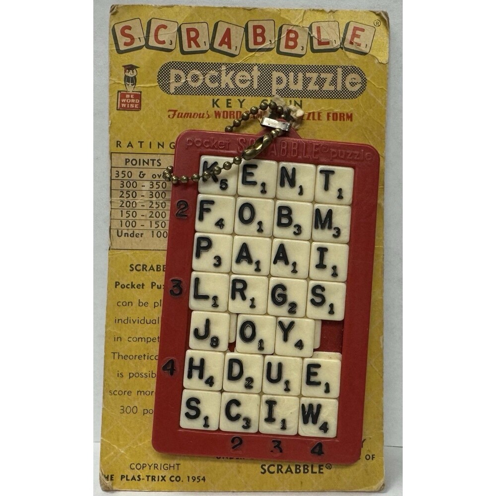 1954 Scrabble Pocket Puzzle Keychain Plas-Trix Co Travel Game On Card Antique